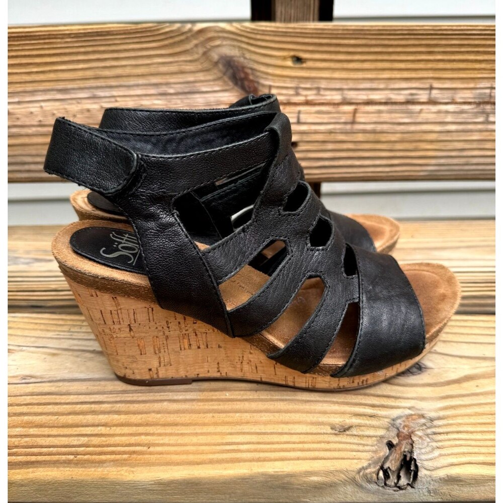 Sofft Wedge Sandals Womens Size 8.5 Black Leather Espadrille Platform Shoes 3.5"